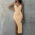 thumbnail image 1 of Wycnly Womens Dresses Sexy High Slit Spaghetti Strap Ruched Bodycon Night Party Club Dresses Fashion Solid V-Neck Sleeveless Long Summer Dress Beige XXXL, 1 of 5