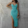 thumbnail image 1 of Wycnly Womens Dresses Sexy High Slit Spaghetti Strap Ruched Bodycon Night Party Club Dresses Fashion Solid V-Neck Sleeveless Long Summer Dress Sky Blue XXXL, 1 of 6