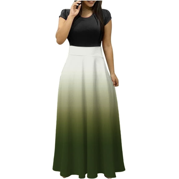 Wycnly Womens Dresses Short Sleeve Crewneck Gradient Casaul Long Summer Dress Empire Waist Pleated Swing A Line Party Formal Dresses Green S Clothes