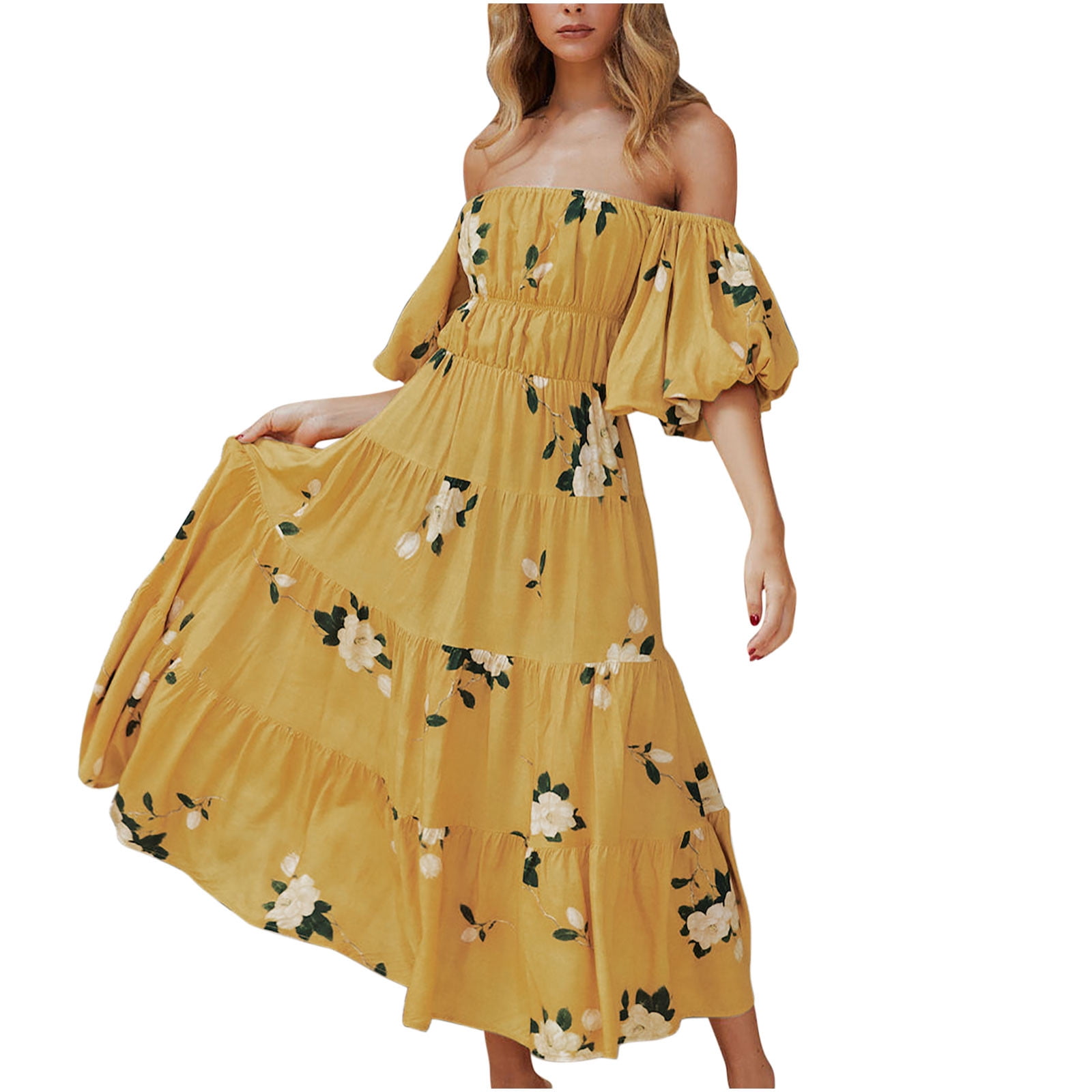 Wycnly Womens Dresses Elastic Waist Flowy Ruffle Layer Swing Strap Party  Formal Mini Dresses Sleeveless One Line Neck Solid Short Summer Dress  Yellow XL Clearance Clothes 