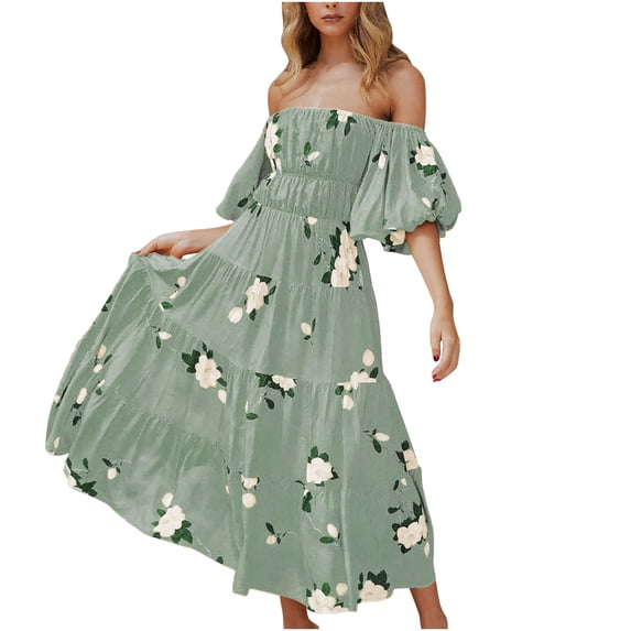 Wycnly Womens Dresses Short Sleeve One Line Neck Floral Print Casaul Maxi Summer Dress Puff Sleeve Off Shoulder Ruffle Swing Beach Boho Dresses Green XL Clearance Clothes