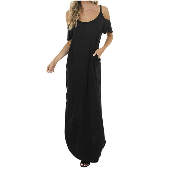 Wycnly Womens Dresses Short Sleeve Round Neck Solid Casaul Maxi Summer Dress Beach Cold Shoulder Loose Pocket Side Slit Long Dresses Black XL Clothes