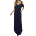 thumbnail image 1 of Wycnly Womens Dresses Short Sleeve Round Neck Solid Casaul Maxi Summer Dress Beach Cold Shoulder Loose Pocket Side Slit Long Dresses Navy S Clothes, 1 of 7