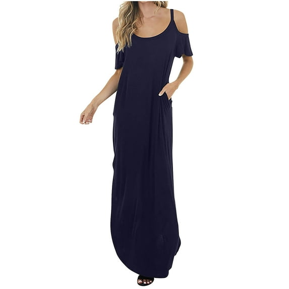 Wycnly Womens Dresses Short Sleeve Round Neck Solid Casaul Maxi Summer Dress Beach Cold Shoulder Loose Pocket Side Slit Long Dresses Navy S Clothes