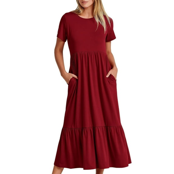Wycnly Womens Dresses Short Sleeve Round Neck Solid Casual Long Summer Dress Flowy Ruffle Swing A Line Pocket Dresses Wine XXL