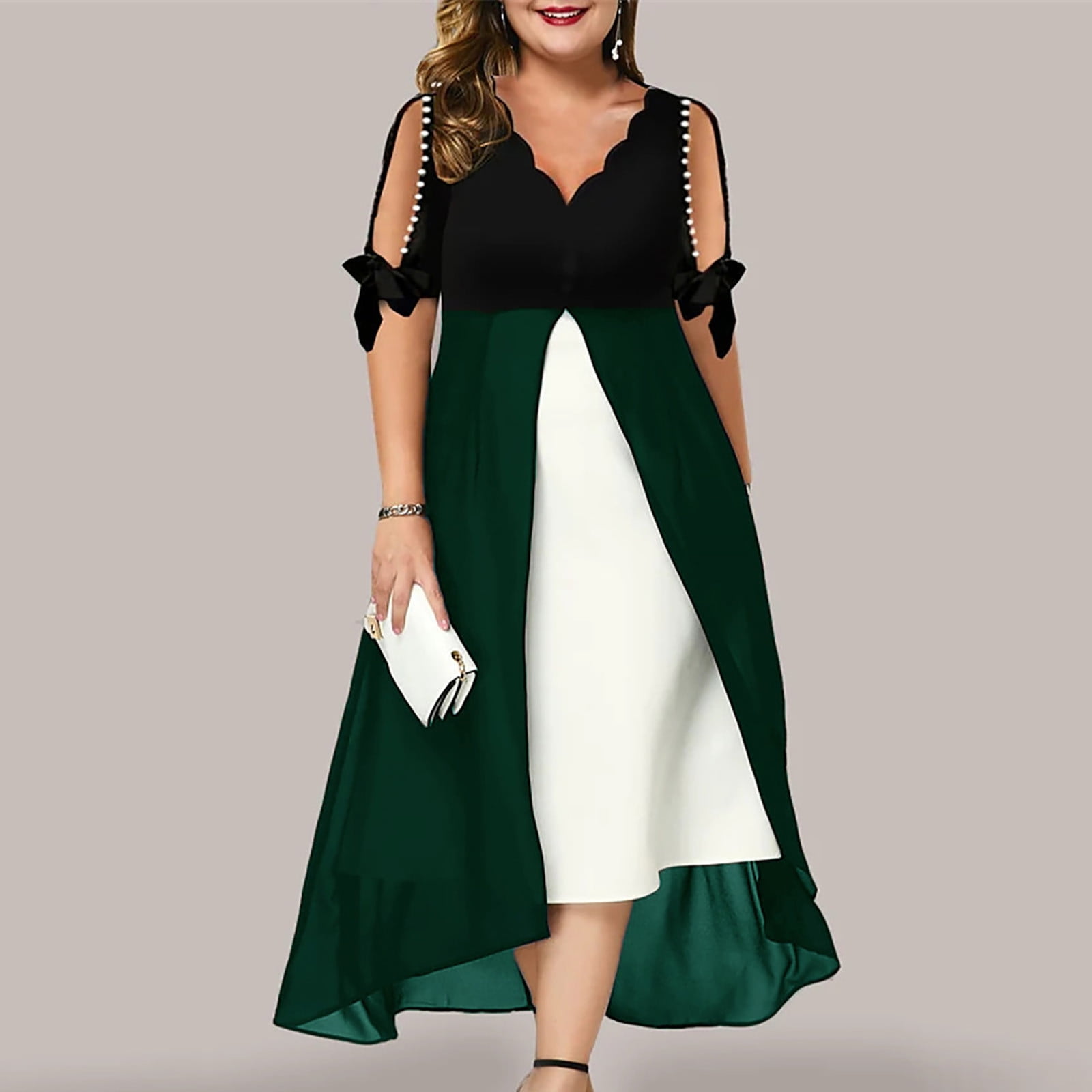 Wycnly Womens Dresses Short Sleeve V-Neck Color Patchwork Casual Long  Summer Dress Cold Shoulder Party Prom A Line Plus Size Dresses Wine XXXXL 