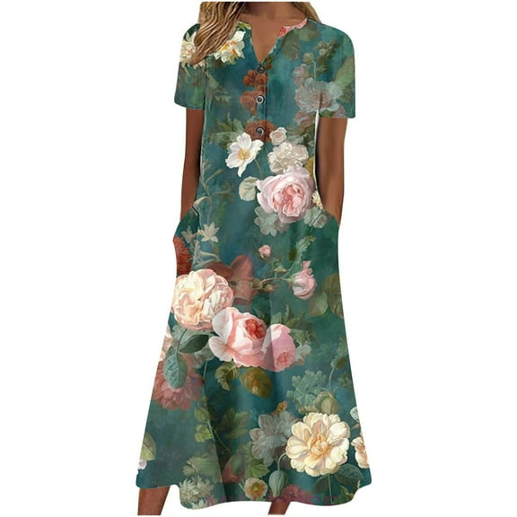 Wycnly Womens Dresses Short Sleeve V-Neck Floral Print Casaul Maxi Summer Dress Beach Hem Swing Button Down Pocket Tunic Tshirt Long Dresses Army Green S Clothes