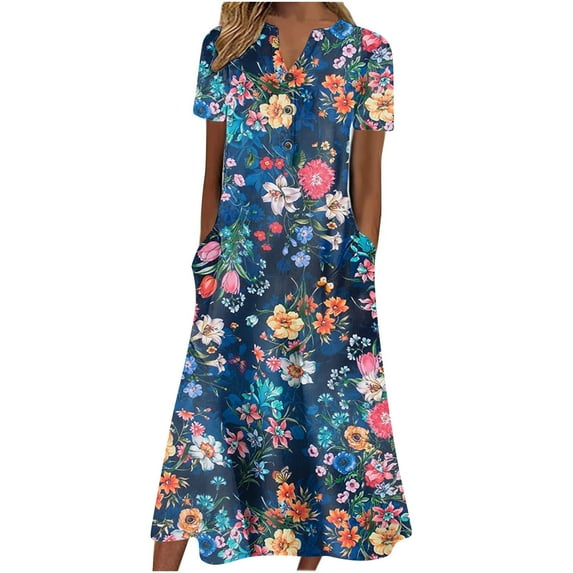 Wycnly Womens Dresses Short Sleeve V-Neck Floral Print Casaul Maxi Summer Dress Beach Hem Swing Button Down Pocket Tunic Tshirt Long Dresses Blue XXL Clearance Clothes