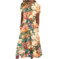 thumbnail image 1 of Wycnly Womens Dresses Short Sleeve V-Neck Floral Print Casaul Maxi Summer Dress Beach Hem Swing Button Down Pocket Tunic Tshirt Long Dresses Orange S Clearance Clothes, 1 of 5