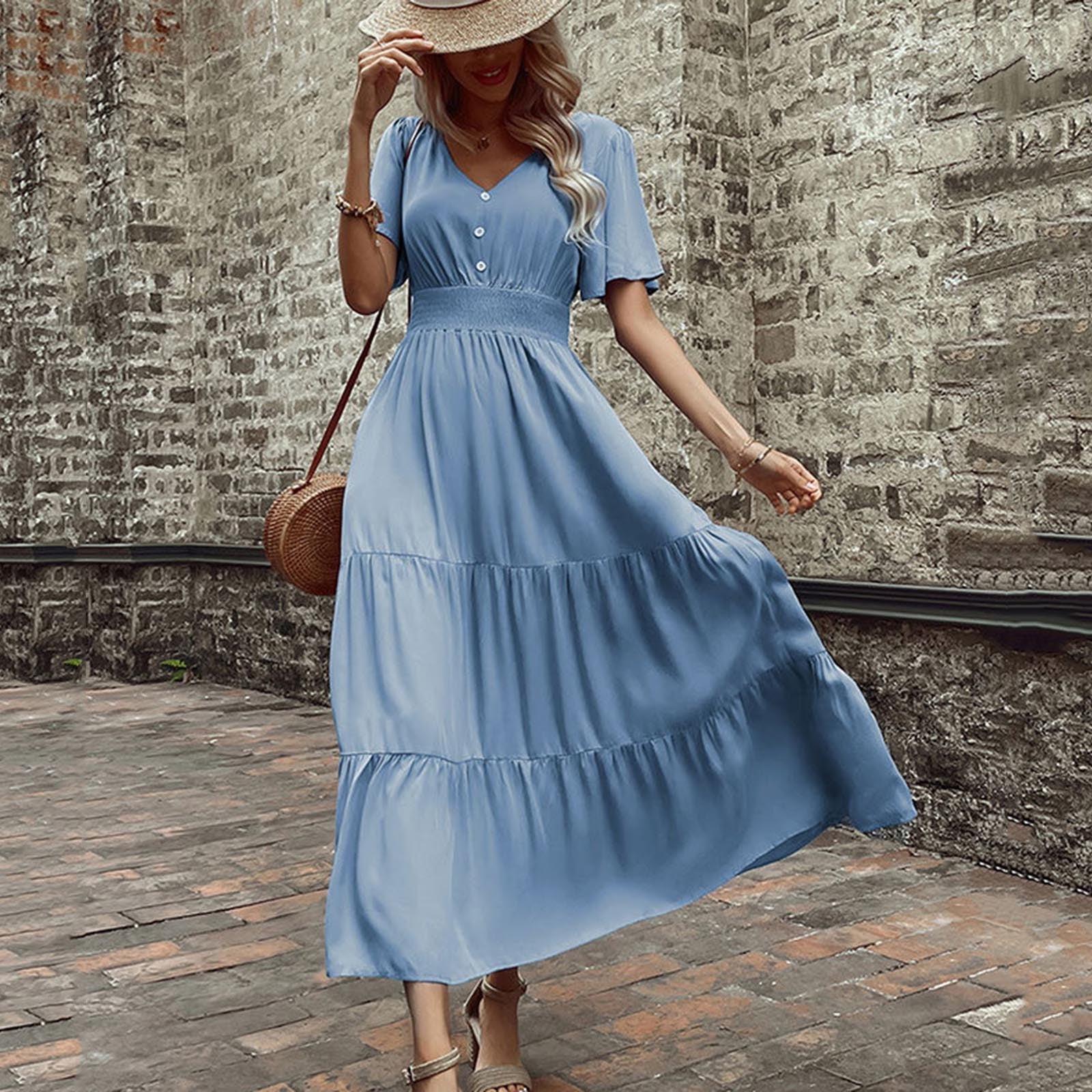Boho Dress for Womens Summer Dresses Casual Crewneck Solid Color Dress  Beach Vacation Sundresses Flowy Swing Dress Outlet Deals Overstock  Clearance