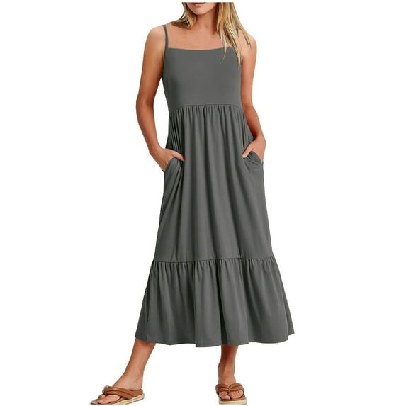 Wycnly Womens Dresses Sleeveless Crewneck Solid Casaul Long Summer Dress Flowy Ruffle Swing Pocket Spaghetti Strap Sun Dresses Gray L Clearance Clothes