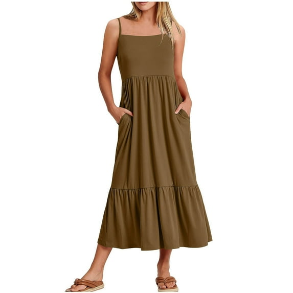 Wycnly Womens Dresses Sleeveless Crewneck Solid Casaul Long Summer Dress Flowy Ruffle Swing Pocket Spaghetti Strap Sun Dresses Khaki S Clearance Clothes