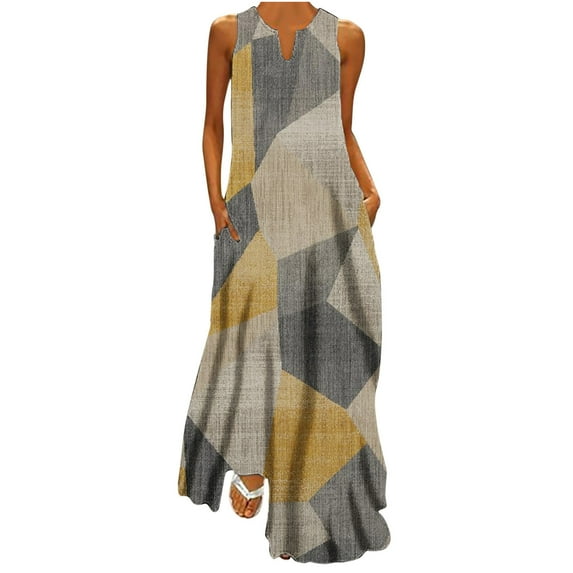 Wycnly Womens Dresses Sleeveless V-Neck Geometric Print Casaul Long Summer Dress Beach Boho Loose Swing Tunic Tank Long Pocket Dresses Yellow M Clearance Clothes