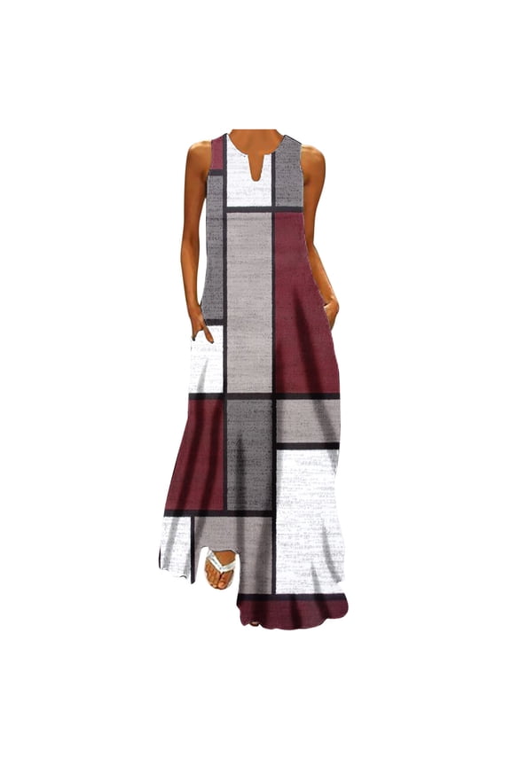 Womens Dresses Sleeveless V-Neck Gradient Casaul Maxi Summer Dress Loose Hem Swing Pocket Tunic Tank Beach Long Sun Dresses Wine S Clothes