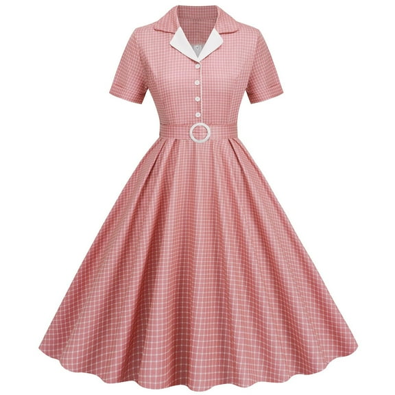 Wycnly Womens Dresses Vintage 1950s Medieval Pleated Swing Party Prom Formal Dresses Short Sleeve Lapel Plaid Print Midi Summer Dress Pink M Clothes