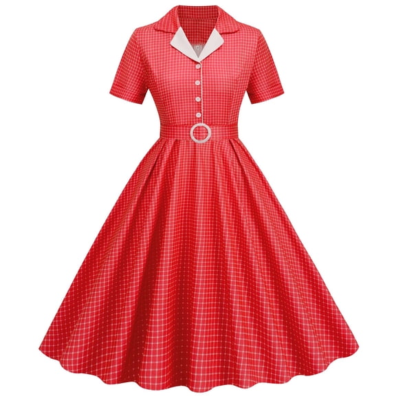 Wycnly Womens Dresses Vintage 1950s Medieval Pleated Swing Party Prom Formal Dresses Short Sleeve Lapel Plaid Print Midi Summer Dress Red XL Clothes