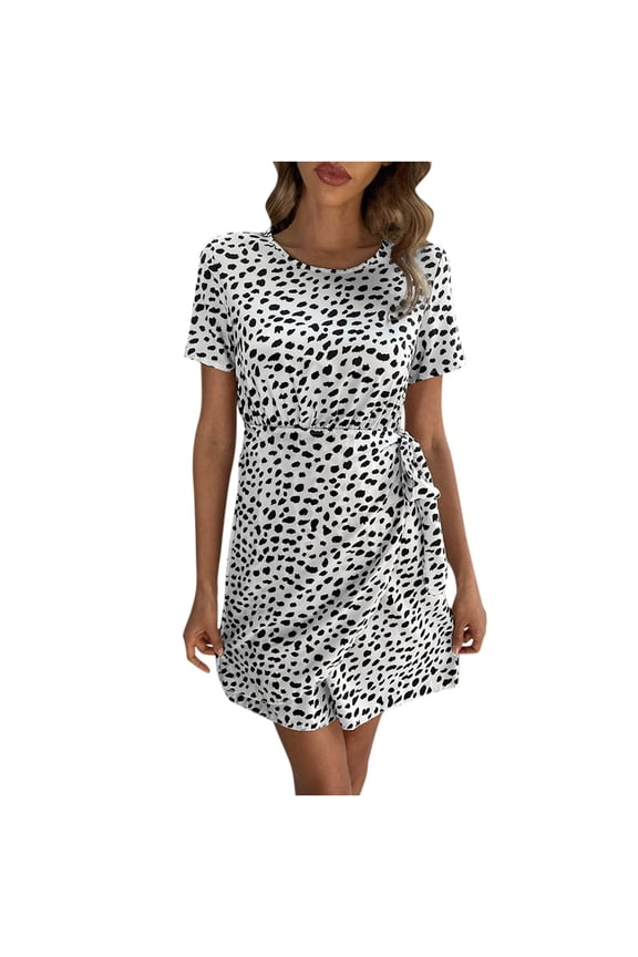 Womens Dresses Vintage Tie Waist Wrap Hem Short Sun Dresses Casual Leopard Print Crewneck Short Sleeve Mini Summer Dress White xs Under $5