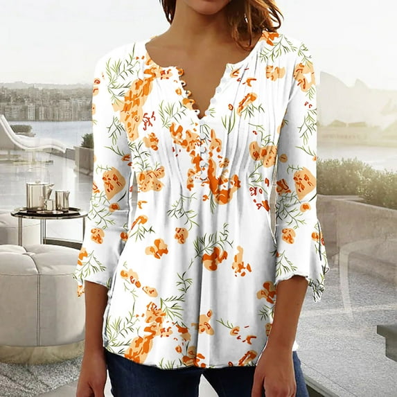 Wycnly Womens Fashion Summer Tunic Tops 3/4 Sleeve Tops for Women Vintage Floral Button up Henley Shirts Summer Ladies Lightweight V Neck Pleated Hem Blouses