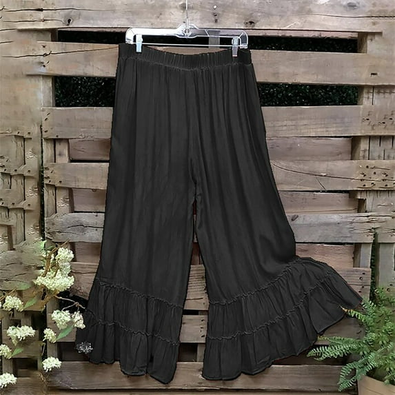 Wycnly Womens Flare Pants Flowy Pants for Women Vintage Cotton Linen Boho Ruffle Layer Long Pants Casual Solid Elastic Waist Plus SIze Ladies Girls Trousers Fall