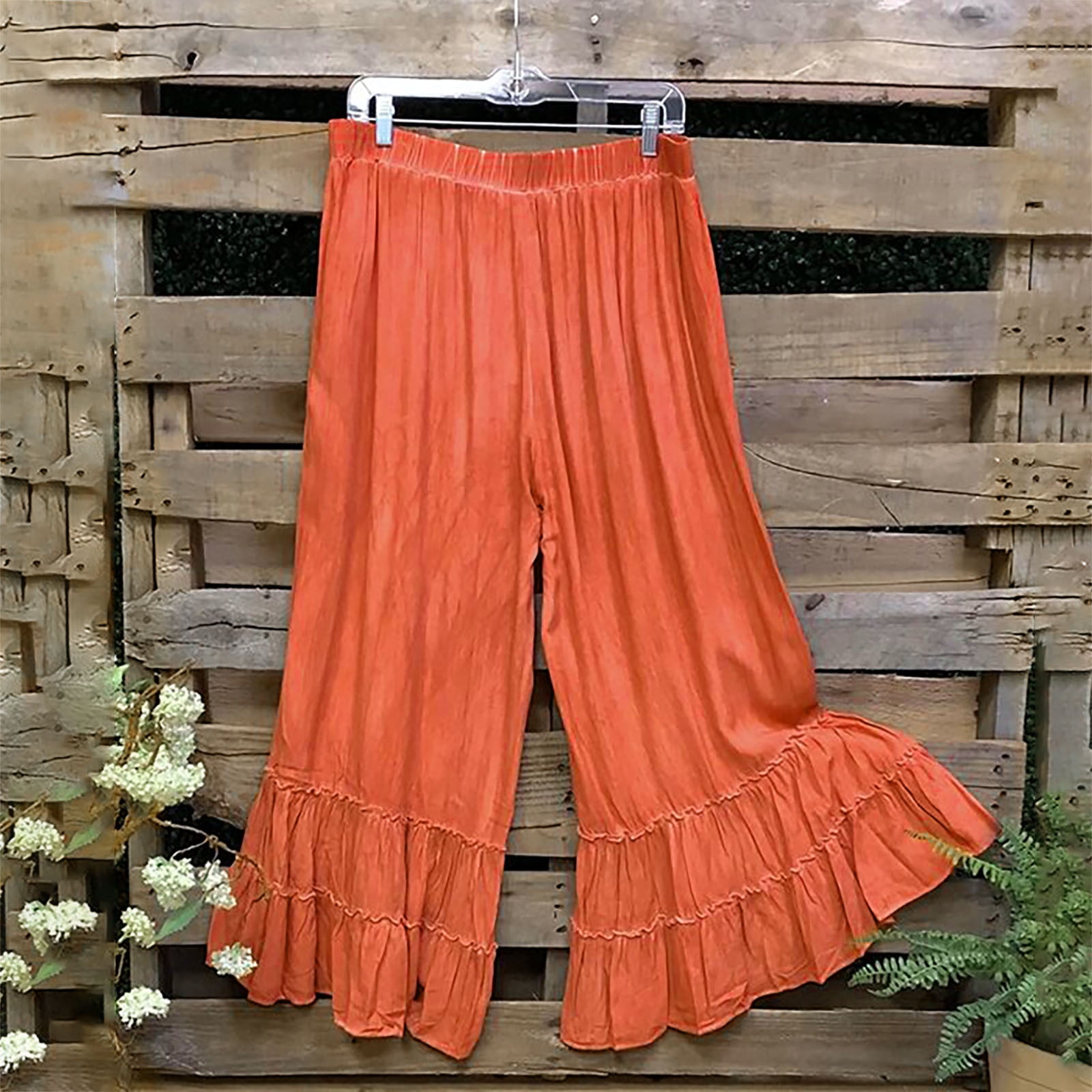 Amazon.com: Pants for Women - Ruffle Trim Split Thigh Velvet Pants Without  Belt (Color : Burnt Orange, Size : Medium) : Clothing, Shoes & Jewelry