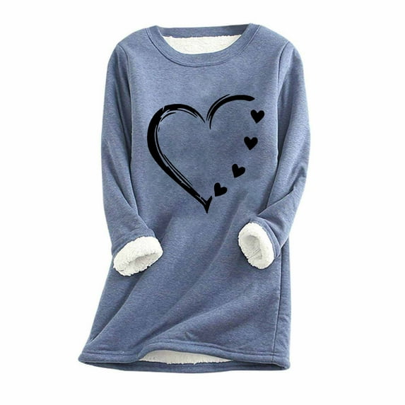 Wycnly Womens Fleece Sweatshirt Winter Plush Pullover Sweater for Women Warm Thickened Cozy Fleece Lined Sweatshirts Fashion Heart Graphics Print Long Sleeve Crewneck Tops