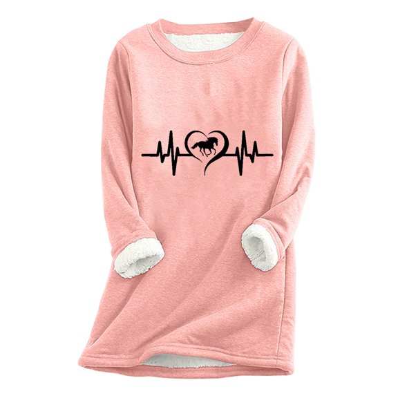 Wycnly Womens Fleece Sweatshirt Womens Plush Lined Sweatshirts Valentine's Day Trendy ECG Print Fleece Sweater Winter Crewneck Long Sleeve Cozy Fuzzy Sherpa Pullover Tops