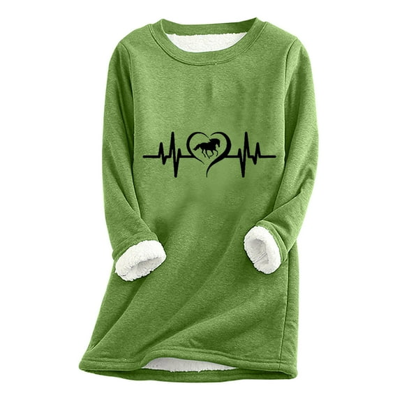 Wycnly Womens Fleece Sweatshirt Womens Plush Lined Sweatshirts Valentine's Day Trendy ECG Print Fleece Sweater Winter Crewneck Long Sleeve Cozy Fuzzy Sherpa Pullover Tops