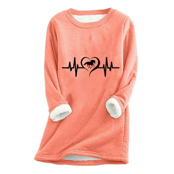 Wycnly Womens Fleece Sweatshirt Womens Plush Lined Sweatshirts Valentine's Day Trendy ECG Print Fleece Sweater Winter Crewneck Long Sleeve Cozy Fuzzy Sherpa Pullover Tops