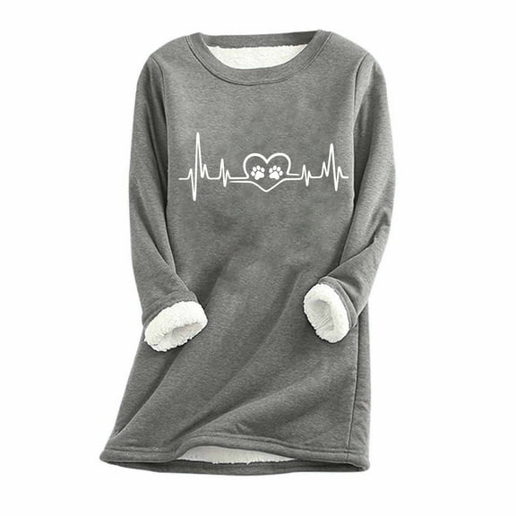 Wycnly Womens Fleece Sweatshirt Womens Plush Sweatshirts Valentine's Day Dog Paw ECG Print Sherpa Pullover Tops Winter Warm Thickened Soft Fuzzy Fleece Sweatshirts Sweater
