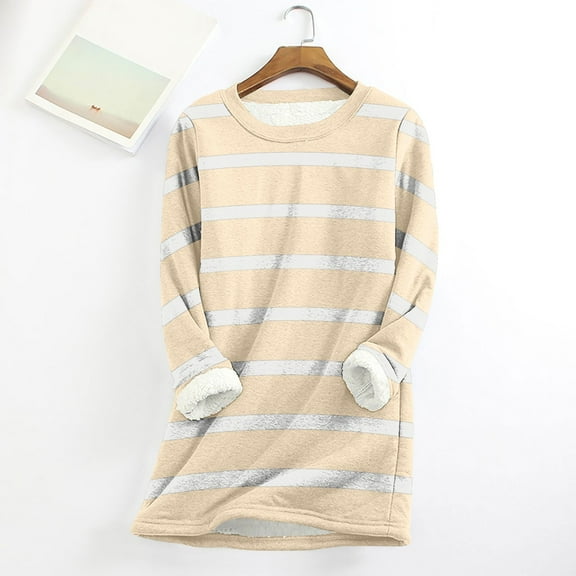 Wycnly Womens Fleece Sweatshirt Womens Thickened Plush Sweatshirts Winter Soft Fuzzy Fleece Sherpa Sweater Long Sleeve Fashion Striped Print Ladies Pullover Tops