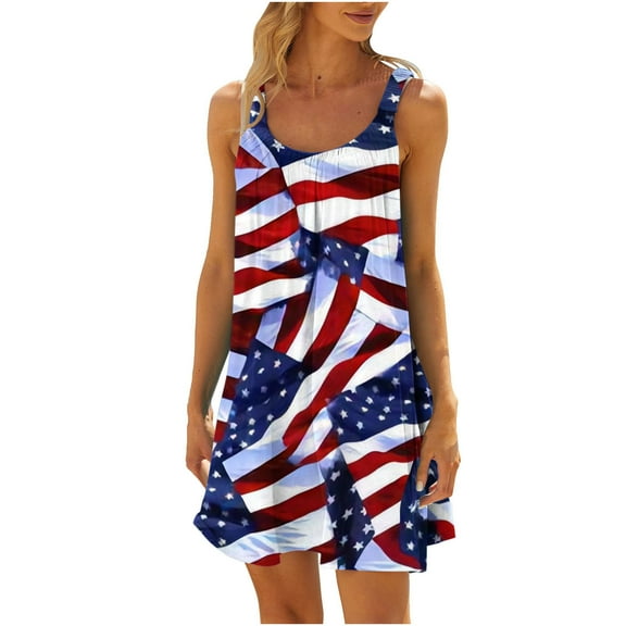 Wycnly Womens Independence Day Dresses 4th of July Patriotic Loose Swing Boho Strap Tank Mini Dresses Fashion US Flag Print Round Neck Sleeveless Short Summer Dress Dark Blue xxl