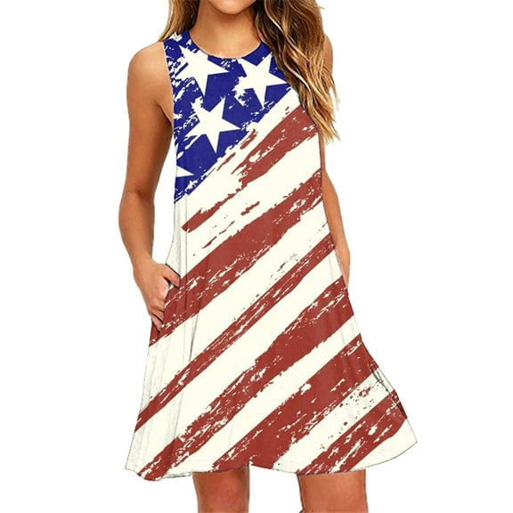 Wycnly Womens Independence Day Dresses Casual Pocket Loose Swing 4th of July Patriotic Tank Tshirt Mini Dresses Fashion Sunflower USA Flag Print Round Neck Sleeveless Short Summer Dress Khaki xxxl