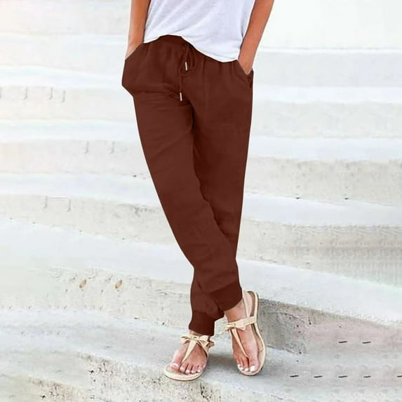 Wycnly Womens Jogger Pants Casual Pants for Women Fall Cotton Linen Elastic Waist Drawstring Long Pants Loose Straight Leisure Solid Jogger Pants Trousers with Pocket Fall