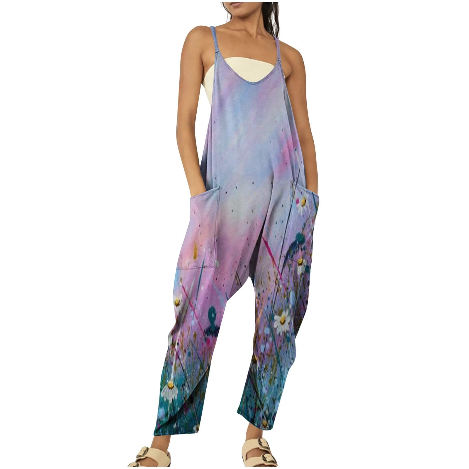 Sleeveless U-Neck Bib Overall High Waist Loose Comfy Beach Jumpsuit Wide Leg Rompers