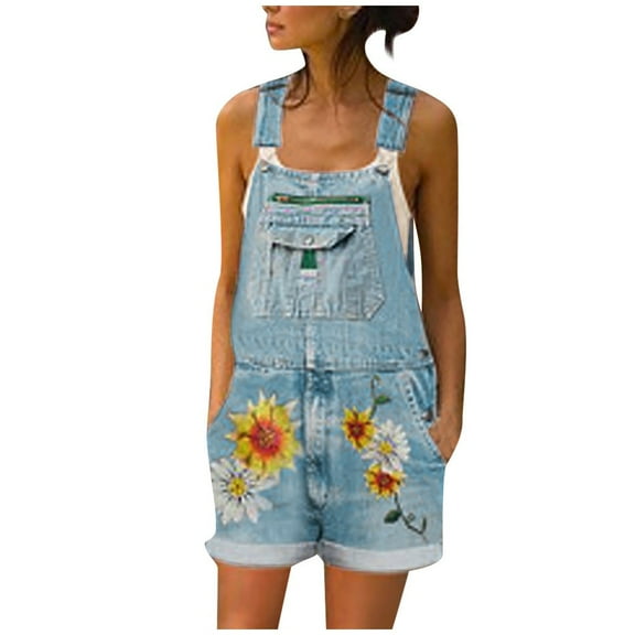 Wycnly Womens Jumpsuits Beach Vintage Denim Adjustable Strap Short Jumpsuit with Pocket Trendy Sunflower Print Square Neck Sleeveless Mini Summer Rompers Light Blue m