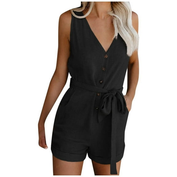 Wycnly Womens Jumpsuits Casual Button Down Pocket Tank Short Jumpsuit with Belt Trendy Plain V-Neck Sleeveless Mini Summer Rompers Black xl