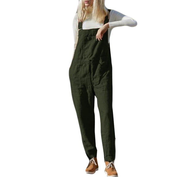 Wycnly Womens Jumpsuits Casual Cotton Linen Plus Size Baggy Strap Long Jumpsuits Overalls Trendy Plain Square Neck Sleeveless Maxi Summer Rompers Army Green xxl
