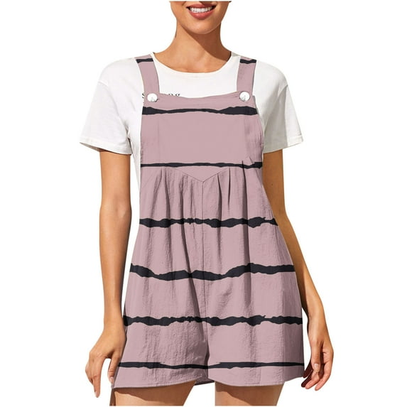 Wycnly Womens Jumpsuits Casual Loose Baggy Smocked Button Strap Mini Jumpsuits Overalls Trendy Striped Print Square Neck Sleeveless Short Summer Rompers Pink m