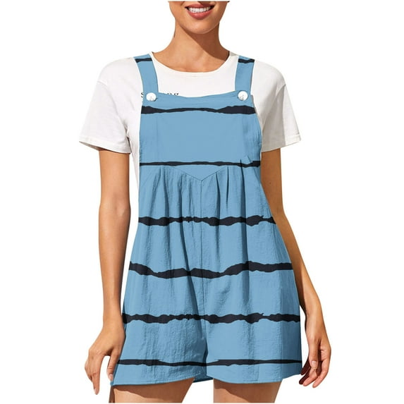 Wycnly Womens Jumpsuits Casual Loose Baggy Smocked Button Strap Mini Jumpsuits Overalls Trendy Striped Print Square Neck Sleeveless Short Summer Rompers Sky Blue xl