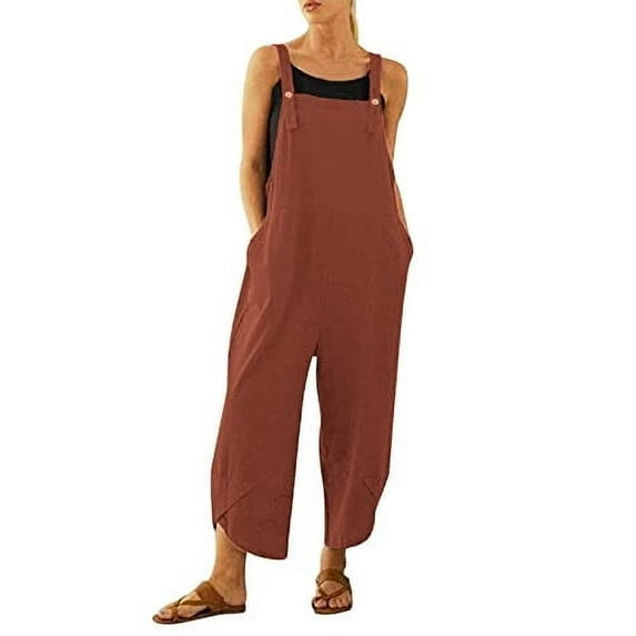 Wycnly Womens Jumpsuits Casual Loose Pocket Plus Size Cotton Linen Button Strap Jumpsuits Overalls Trendy Solid Square Neck Sleeveless Long Summer Rompers Red xxxl