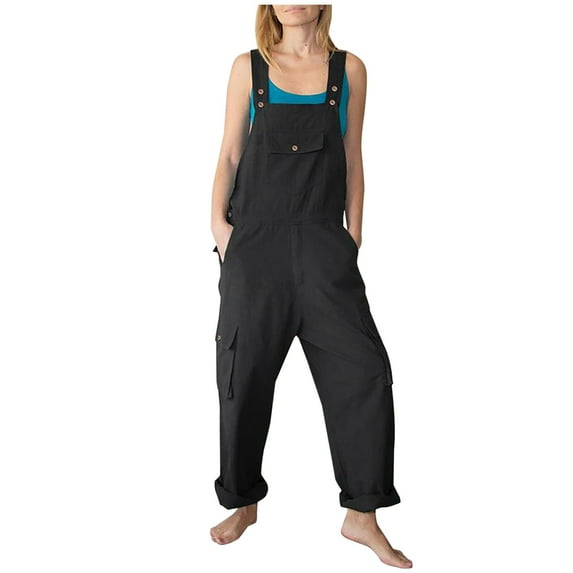 Wycnly Womens Jumpsuits Casual Plus Size Cotton Linen Strap Long Jumpsuits Overalls with Pocket Trendy Solid Square Neck Sleeveless Maxi Summer Rompers Black xxxxxl
