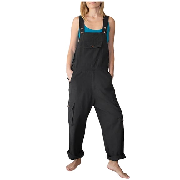 Wycnly Womens Jumpsuits Casual Plus Size Cotton Linen Strap Long Jumpsuits Overalls with Pocket Trendy Solid Square Neck Sleeveless Maxi Summer Rompers Black s