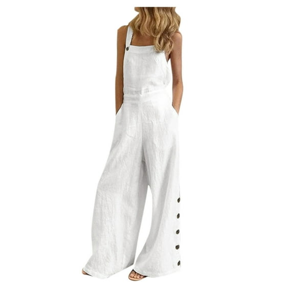 Wycnly Womens Jumpsuits Casual Solid Button Wide Leg Plus Size Strap Jumpsuits with Pocket Trendy Plain Square Neck Sleeveless Long Summer Rompers White xxxl