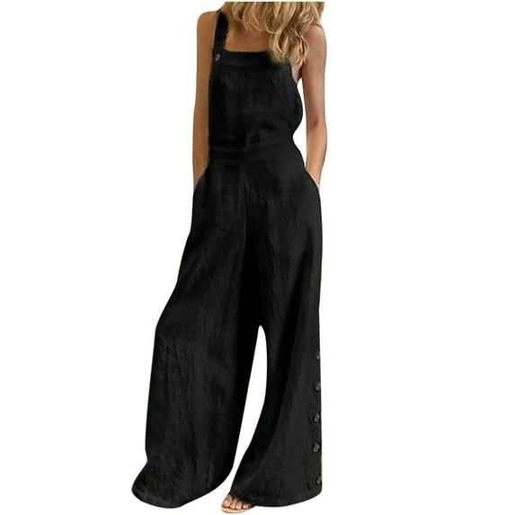 Wycnly Womens Jumpsuits Casual Solid Button Wide Leg Plus Size Strap Jumpsuits with Pocket Trendy Plain Square Neck Sleeveless Long Summer Rompers Black xxxxl