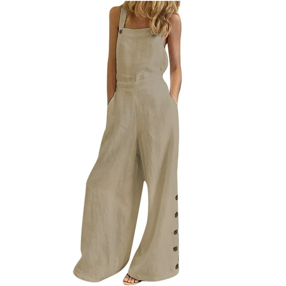 Wycnly Womens Jumpsuits Casual Solid Button Wide Leg Plus Size Strap Jumpsuits with Pocket Trendy Plain Square Neck Sleeveless Long Summer Rompers Coffee xxxxl
