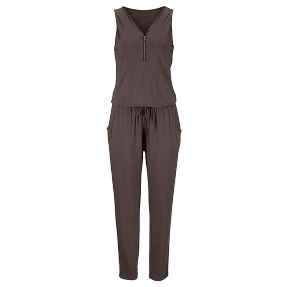 Wycnly Womens Jumpsuits Casual Zipper Elastic Waist Pocket Jumpsuits Overalls with Drawstring Trendy Solid V-Neck Sleeveless Long Summer Rompers Brown l