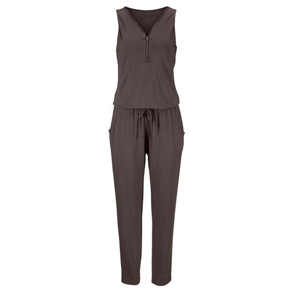 Wycnly Womens Jumpsuits Casual Zipper Elastic Waist Pocket Jumpsuits Overalls with Drawstring Trendy Solid V-Neck Sleeveless Long Summer Rompers Brown xxl