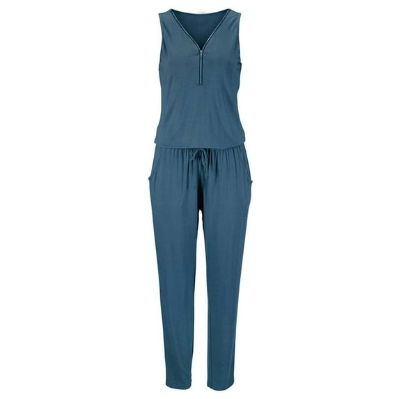 Wycnly Womens Jumpsuits Casual Zipper Elastic Waist Pocket Jumpsuits Overalls with Drawstring Trendy Solid V-Neck Sleeveless Long Summer Rompers Blue xl