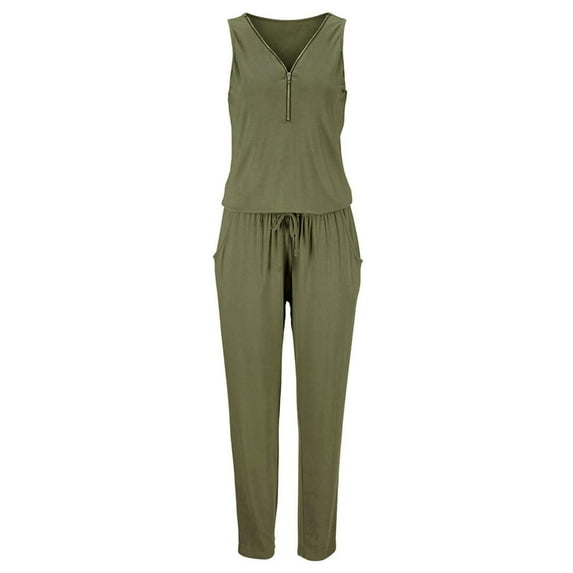 Wycnly Womens Jumpsuits Casual Zipper Elastic Waist Pocket Jumpsuits Overalls with Drawstring Trendy Solid V-Neck Sleeveless Long Summer Rompers Green xl