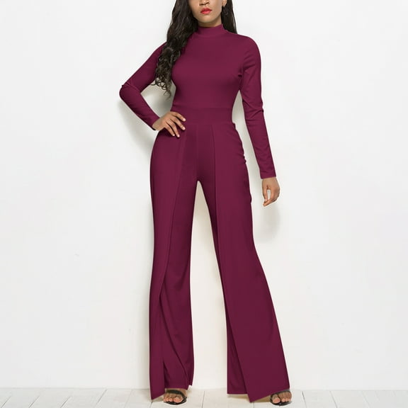 Wycnly Womens Jumpsuits Fall Elegant Flared Leg Empire Waist Ladies Long Jumpsuits Trendy Solid Half High Neck Long Sleeve Maxi Rompers for Women